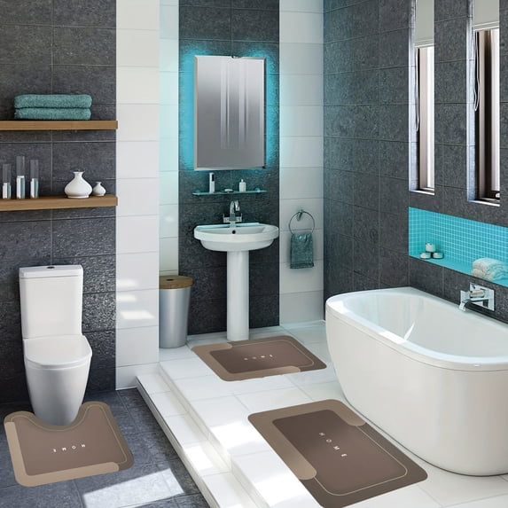 3 Piece Bathroom Toilet Mat Set, Super Absorbent, Dry Washable, Non Slip Backing, Safe, Easy Cleaning, For Home, Hotel, Shower Room, Full Coverage