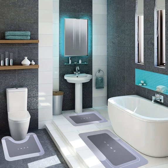 3-Piece Bathroom Toilet Mat Set, Super Absorbent Microfiber Mats, Non Slip Washable Rugs, Soft Drying Bath Mat for Home Hotel Shower Room, 15.7x23.6in + 19.68x31.49in + 19.68x23.62in, Gray
