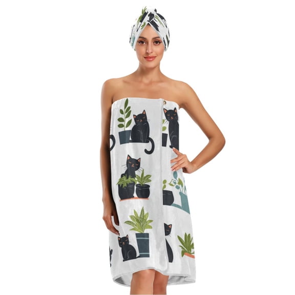 3-Piece Bathroom Towel Set with Bath Towel, Quick-Dry Hair Cap and Hair Turban for Bath Yoga Beach Black Cat Playing
