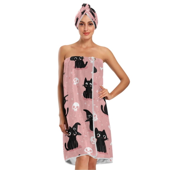 3-Piece Bathroom Towel Set with Bath Towel, Quick-Dry Hair Cap and Hair Turban for Bath Yoga Beach Black Cat Wearing A Witch Hat