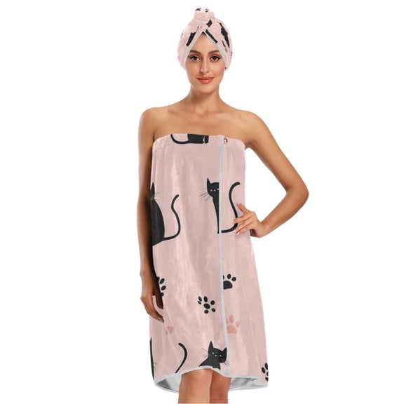 3-Piece Bathroom Towel Set with Bath Towel, Quick-Dry Hair Cap and Hair Turban for Bath Yoga Beach Black Cat and Cat's Paw