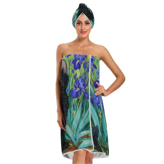 3-Piece Bathroom Towel Set with Bath Towel, Quick-Dry Hair Cap and Hair Turban for Bath Yoga Beach Black Cat and Irises