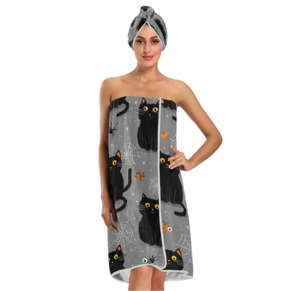 3-Piece Bathroom Towel Set with Bath Towel, Quick-Dry Hair Cap and Hair Turban for Bath Yoga Beach Black Cat and Spider Web