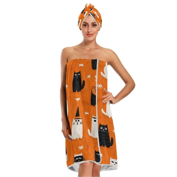 3-Piece Bathroom Towel Set with Bath Towel, Quick-Dry Hair Cap and Hair Turban for Bath Yoga Beach Black Cat and White Cat