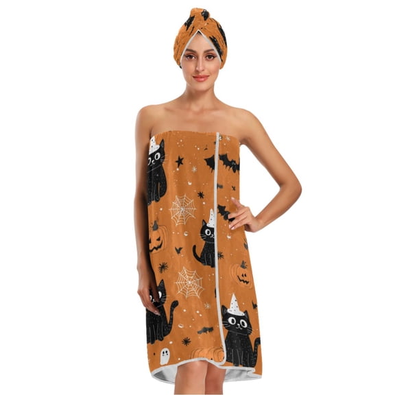 3-Piece Bathroom Towel Set with Bath Towel, Quick-Dry Hair Cap and Hair Turban for Bath Yoga Beach Black Cat on Orange Background