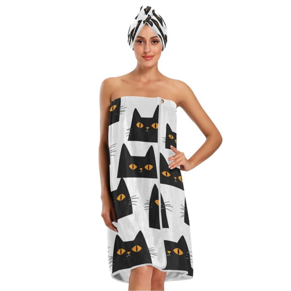3-Piece Bathroom Towel Set with Bath Towel, Quick-Dry Hair Cap and Hair Turban for Bath Yoga Beach Black Cats with Orange Eyes