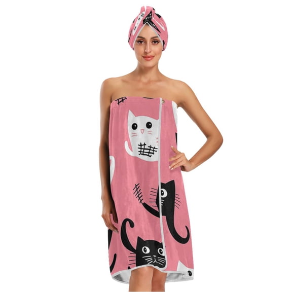 3-Piece Bathroom Towel Set with Bath Towel, Quick-Dry Hair Cap and Hair Turban for Bath Yoga Beach Black and White Cats