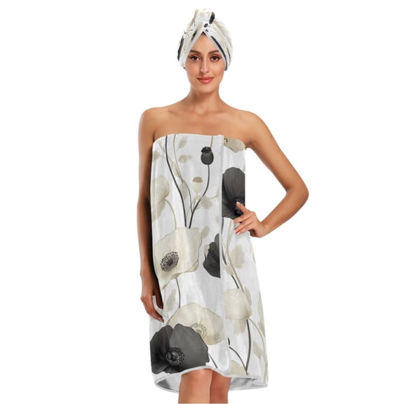 3-Piece Bathroom Towel Set with Bath Towel, Quick-Dry Hair Cap and Hair Turban for Bath Yoga Beach Black and White Flowers