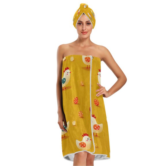 3-Piece Bathroom Towel Set with Bath Towel, Quick-Dry Hair Cap and Hair Turban for Bath Yoga Beach Cartoon Chickens Pattern