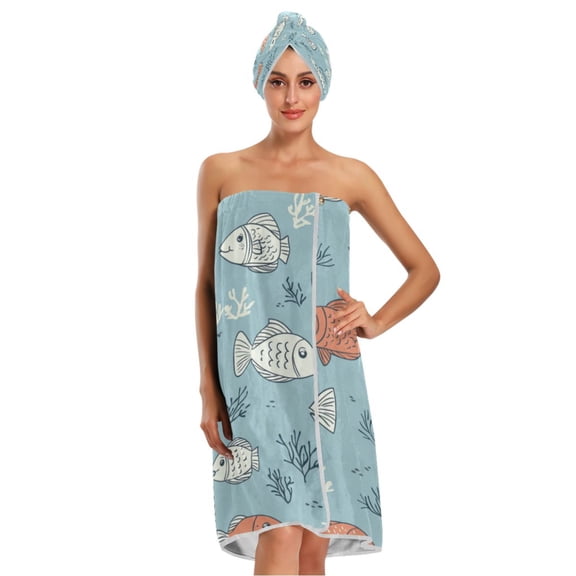 3-Piece Bathroom Towel Set with Bath Towel, Quick-Dry Hair Cap and Hair Turban for Bath Yoga Beach Cartoon Fish