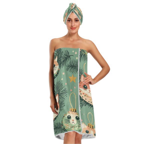 3-Piece Bathroom Towel Set with Bath Towel, Quick-Dry Hair Cap and Hair Turban for Bath Yoga Beach Cat Faces in Christmas Ornaments