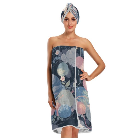 3-Piece Bathroom Towel Set with Bath Towel, Quick-Dry Hair Cap and Hair Turban for Bath Yoga Beach Cat and Yarn Pattern