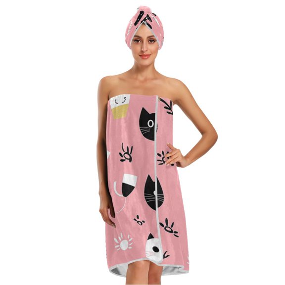 3-Piece Bathroom Towel Set with Bath Towel, Quick-Dry Hair Cap and Hair Turban for Bath Yoga Beach Cats and Cat Cups