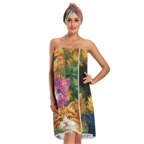 3-Piece Bathroom Towel Set with Bath Towel, Quick-Dry Hair Cap and Hair Turban for Bath Yoga Beach Colorful Cat and Sunflowers