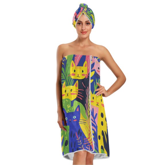 3-Piece Bathroom Towel Set with Bath Towel, Quick-Dry Hair Cap and Hair Turban for Bath Yoga Beach Colorful Cute Cats