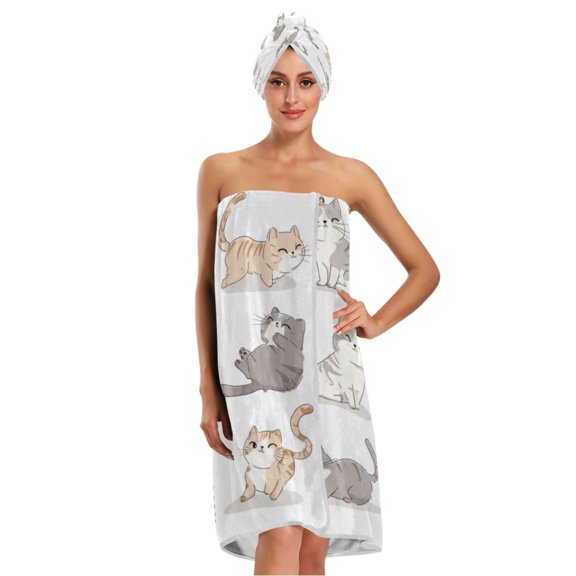 3-Piece Bathroom Towel Set with Bath Towel, Quick-Dry Hair Cap and Hair Turban for Bath Yoga Beach Cute Cat Characters