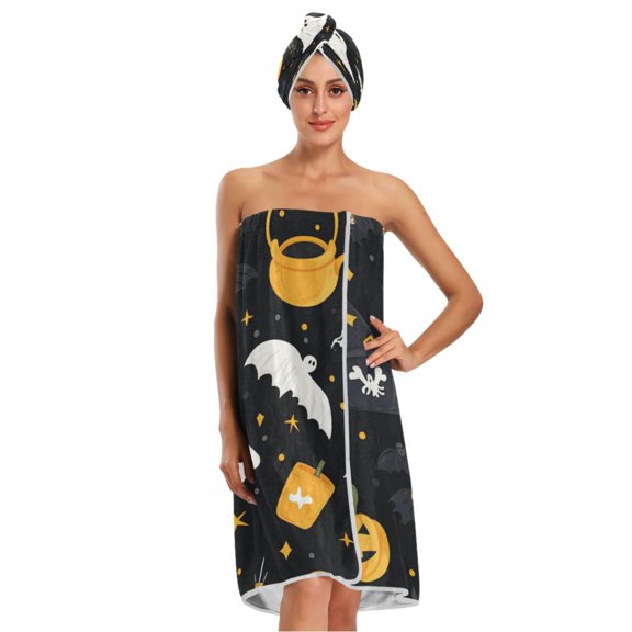 3-Piece Bathroom Towel Set with Bath Towel, Quick-Dry Hair Cap and Hair Turban for Bath Yoga Beach Cute Halloween Icons