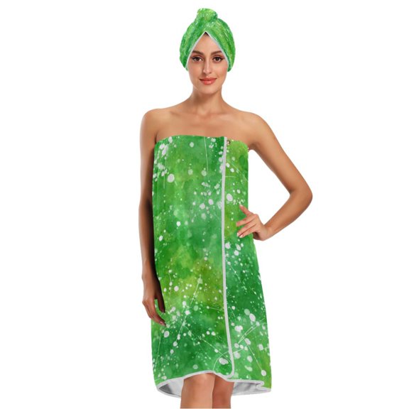 3-Piece Bathroom Towel Set with Bath Towel, Quick-Dry Hair Cap and Hair Turban for Bath Yoga Beach Green Ink Splatter Pattern
