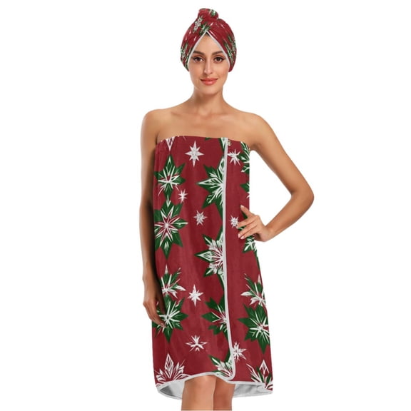 3-Piece Bathroom Towel Set with Bath Towel, Quick-Dry Hair Cap and Hair Turban for Bath Yoga Beach Red and Green Snowflakes