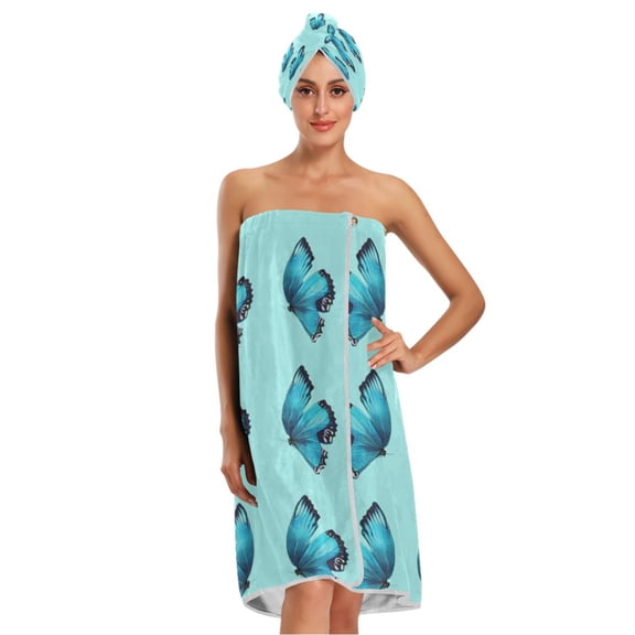 3-Piece Bathroom Towel Set with Bath Towel, Quick-Dry Hair Cap and Hair Turban for Bath Yoga Beach Turquoise Blue Butterfly Pattern