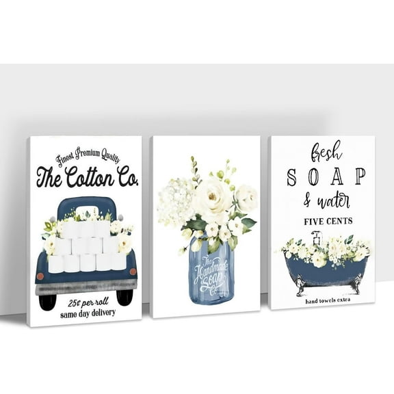 3 Piece Bathroom Wall Art - White Flower Wall Art for Farmhouse Bathroom Decor, Funny Bathtub Trucks Vase Canvas Picture,Framed Plant Artwork for Rustic Bathroom Wall Decorations 12”x16”x3Pcs