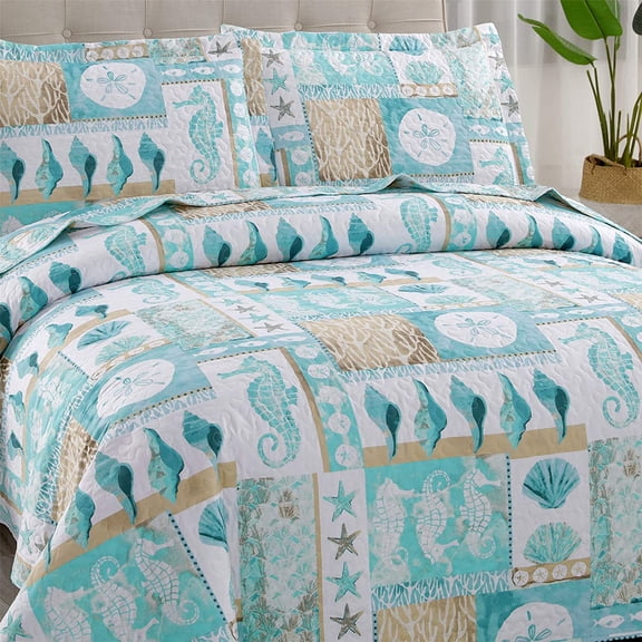 3 Piece Beach Quilt Set King Size Coastal Bedding Set Blue Green Lightweight Quilts Ocean Seahorse Conch Seashell Bedspreads Reversible Coverlets with 2 Pillowcases