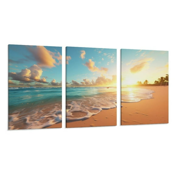 3 Piece Beach Sunset Canvas Wall Art For Living Room Wall Decorations For BedroomLandscape Painting Modern Home Decor Stretched And Framed Ready To Hang Pictures 16x24 inch 3pcs