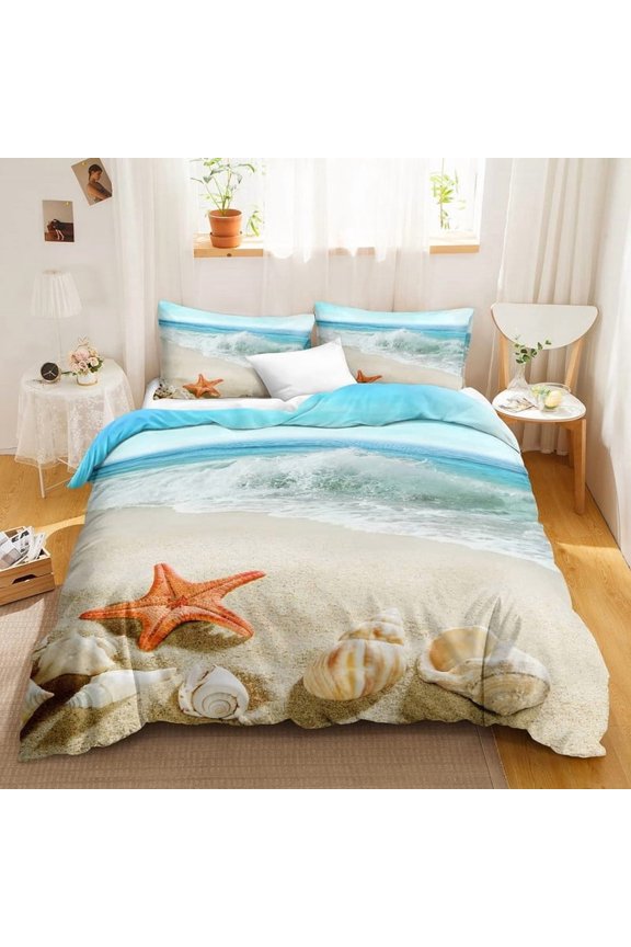 3-Piece Beach Themed Bedding Set - Twin Size Blue Ocean Comforter Cover with Seashell & Starfish Print, Coastal Duvet Cover + 2 Pillowcases for Kids, Teens, Adults