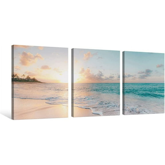 3 Piece Beach Wall Art Sunset Bathroom Canvas Prints Ocean Waves Nature Pictures Paintings for Living Room Bedroom Decorations Wall Decor Ready to Hang 12"x16" x 3 Panels