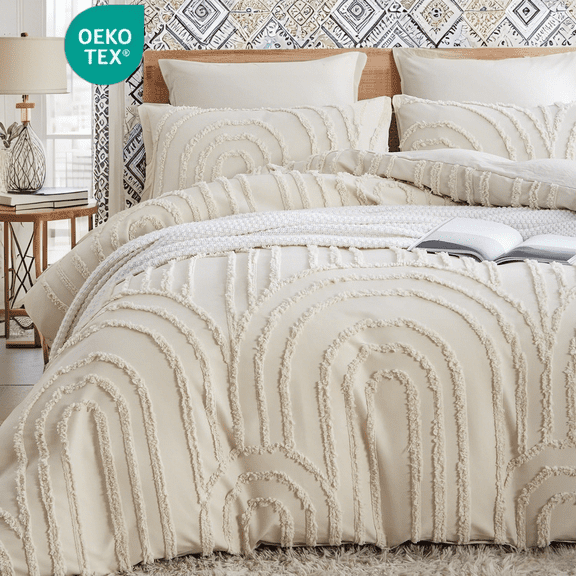JOLUSERE 3 Piece Beige Tufted Duvet Cover Queen Set, Geometric Arch Pattern Shabby Chic Luxury Boho Bedding Set
