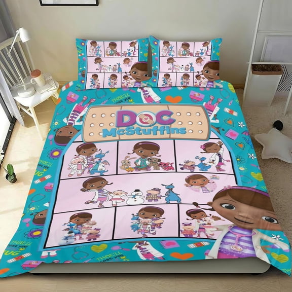 3 Piece Bedding Set For Doc Mcstuffins Comforter Cover Set Cute Duvet Cover Sets Super Soft Teens Bedding Set Kids Bedroom Gifts，1 Duvet Cover with 2 Pillowcases Full