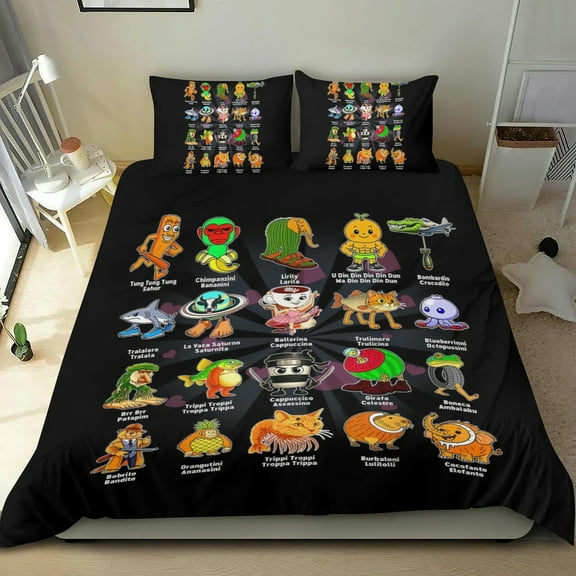 3 Piece Bedding Set For Italian Brainrot Tung Tung Sahur Duvet Cover Sets Comforter Cover Set Cute Super Soft Teens Bedding Set Kids Bedroom Gifts,1 Duvet Cover with 2 Pillowcases Twin