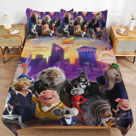 3-Piece Bedding Set,Sing Movie Twin Size 1 Duvet Cover Set and 2 Pillowcases Personalized Bedding Decor for Kids And Teens