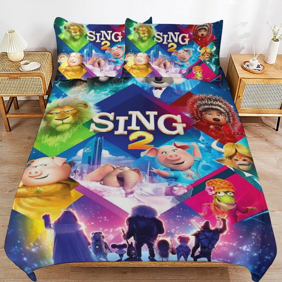 3-Piece Bedding Set,Sing Movie Twin Size 1 Duvet Cover Set and 2 Pillowcases Personalized Bedding Decor for Kids And Teens