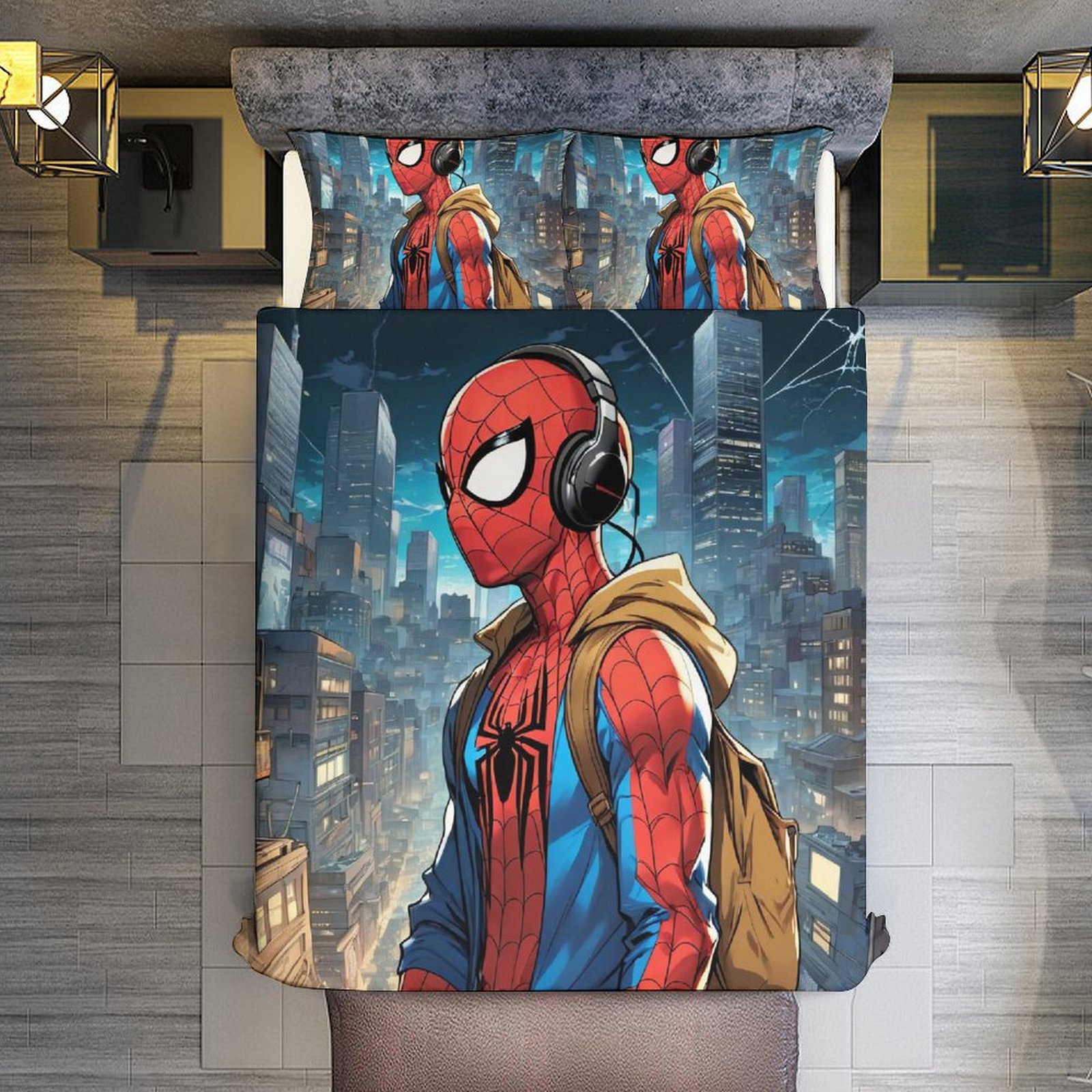 3 Piece Bedding Set,Spiderman Listening to Music Comforter Set for Kids