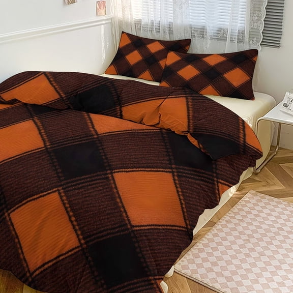 3 - Piece Bedding Set Without A Pillow Core Light And Soft Design Hidden Easy Pilling And Easy to Do Argyle Plaid DarkOrange_2 90"x90"