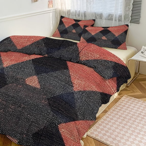 3 - Piece Bedding Set Without A Pillow Core Light And Soft Design Hidden Easy Pilling And Easy to Do Argyle Plaid DarkSalmon_4 90"x90"