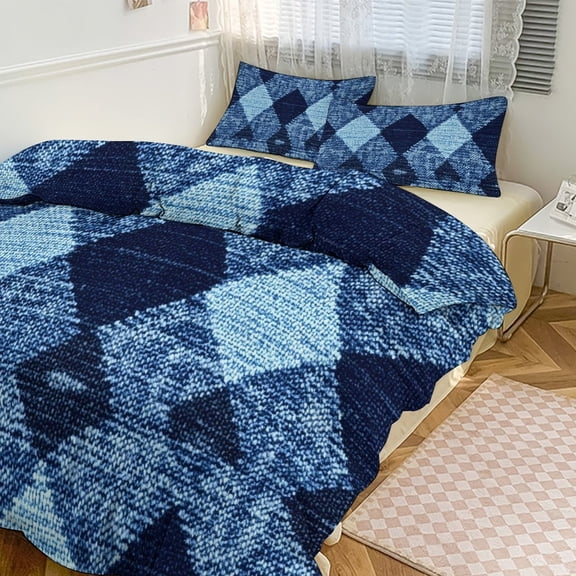 3 - Piece Bedding Set Without A Pillow Core Light And Soft Design Hidden Easy Pilling And Easy to Do Argyle Plaid DeepSkyBlue_2 90"x90"