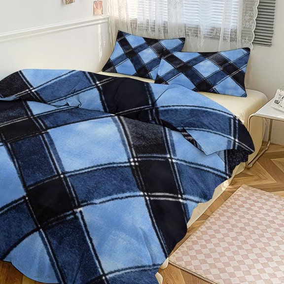 3 - Piece Bedding Set Without A Pillow Core Light And Soft Design Hidden Easy Pilling And Easy to Do Argyle Plaid DoderBlue_1 90"x90"