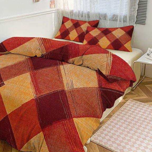 3 - Piece Bedding Set Without A Pillow Core Light And Soft Design Hidden Easy Pilling And Easy to Do Argyle Plaid OrangeRed_3 90"x90"