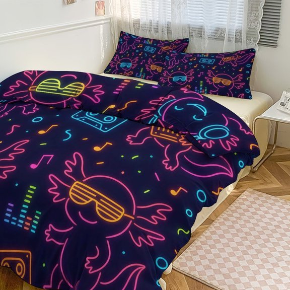 3 - Piece Bedding Set Without A Pillow Core Light And Soft Design Hidden Easy Pilling And Easy to Do Neon Party Axolotls - 80s Synthwave 102"x90"