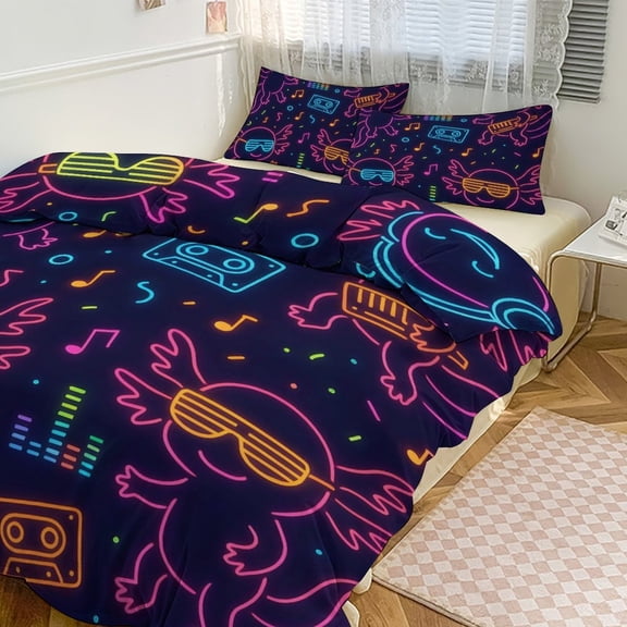 3 - Piece Bedding Set Without A Pillow Core Light And Soft Design Hidden Easy Pilling And Easy to Do Neon Party Axolotls - 80s Synthwave 86"x70"