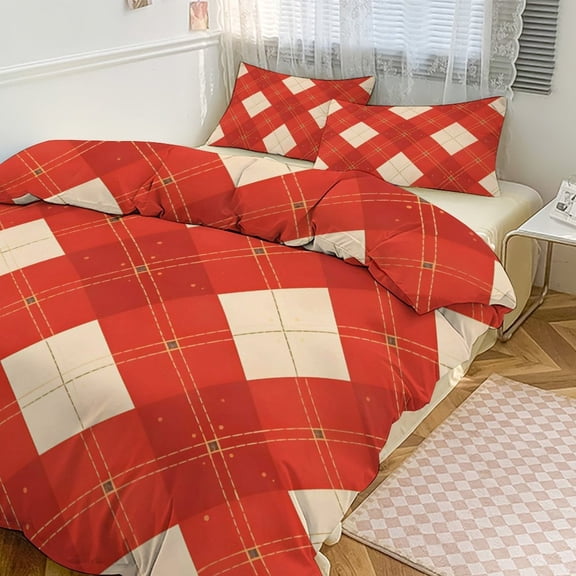 3 - Piece Bedding Set Without A Pillow Core Light And Soft Design Hidden Easy Pilling And Easy to Do IndianRed Argyle Plaid Hand-drawn Sketch_3 90"x90"