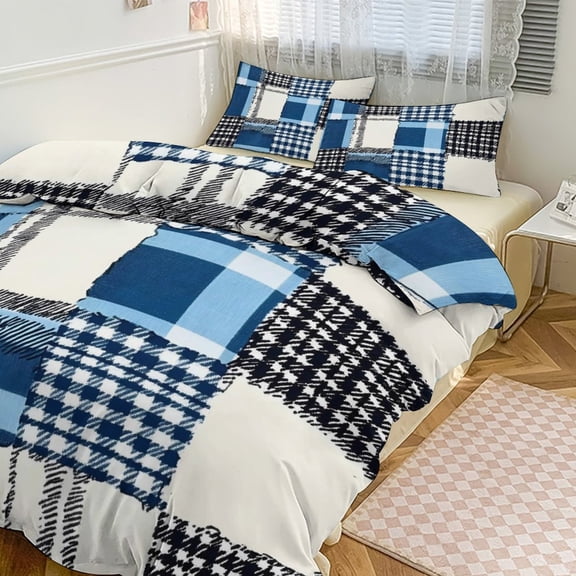 3 - Piece Bedding Set Without A Pillow Core Light And Soft Design Hidden Easy Pilling And Easy to Do MediumBlue Houndstooth Buffalo Plaid Tartan Check Scotland Hand-drawn Sketch_2 90"x90"