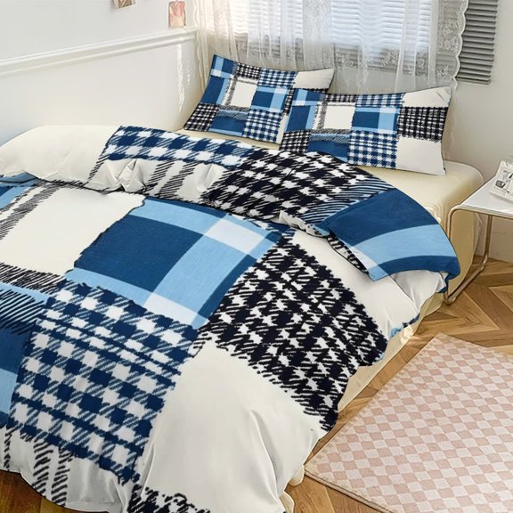 3 - Piece Bedding Set Without A Pillow Core Light And Soft Design Hidden Easy Pilling And Easy to Do MediumBlue Houndstooth Buffalo Plaid Tartan Check Scotland Hand-drawn Sketch_2 102"x90"
