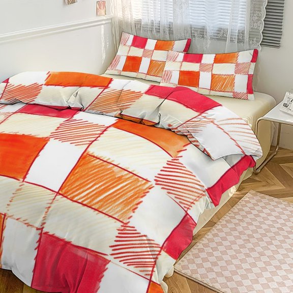 3 - Piece Bedding Set Without A Pillow Core Light And Soft Design Hidden Easy Pilling And Easy to Do OrangeRed Houndstooth Checkered Hand-drawn Sketch_4 86"x70"