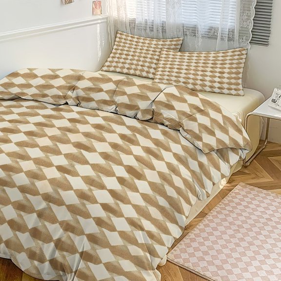 3 - Piece Bedding Set Without A Pillow Core Light And Soft Design Hidden Easy Pilling And Easy to Do Tan Houndstooth Vintage Texture Hand-drawn Sketch_1 86"x70"