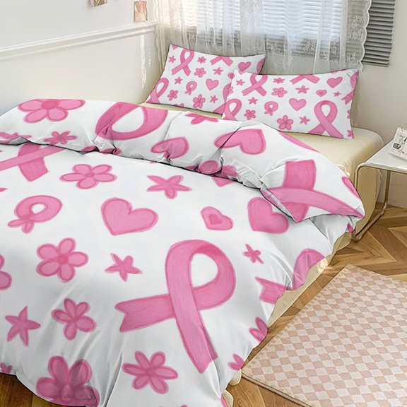 3 - Piece Bedding Set Without A Pillow Core Light And Soft Design Hidden Easy Pilling And Easy to Do Whimsical Pink Ribbon Pattern with Decorative Elements 86"x70"