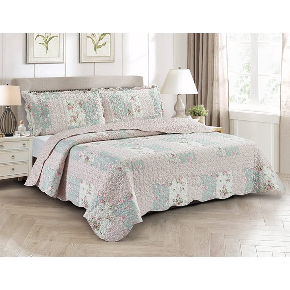 3-Piece Bedding Sets, Traditional Patchwork Design, Washable and Reversible Bedspread, Soft Lightweight Coverlet, All-Season, Full/Queen, Light Pink Green