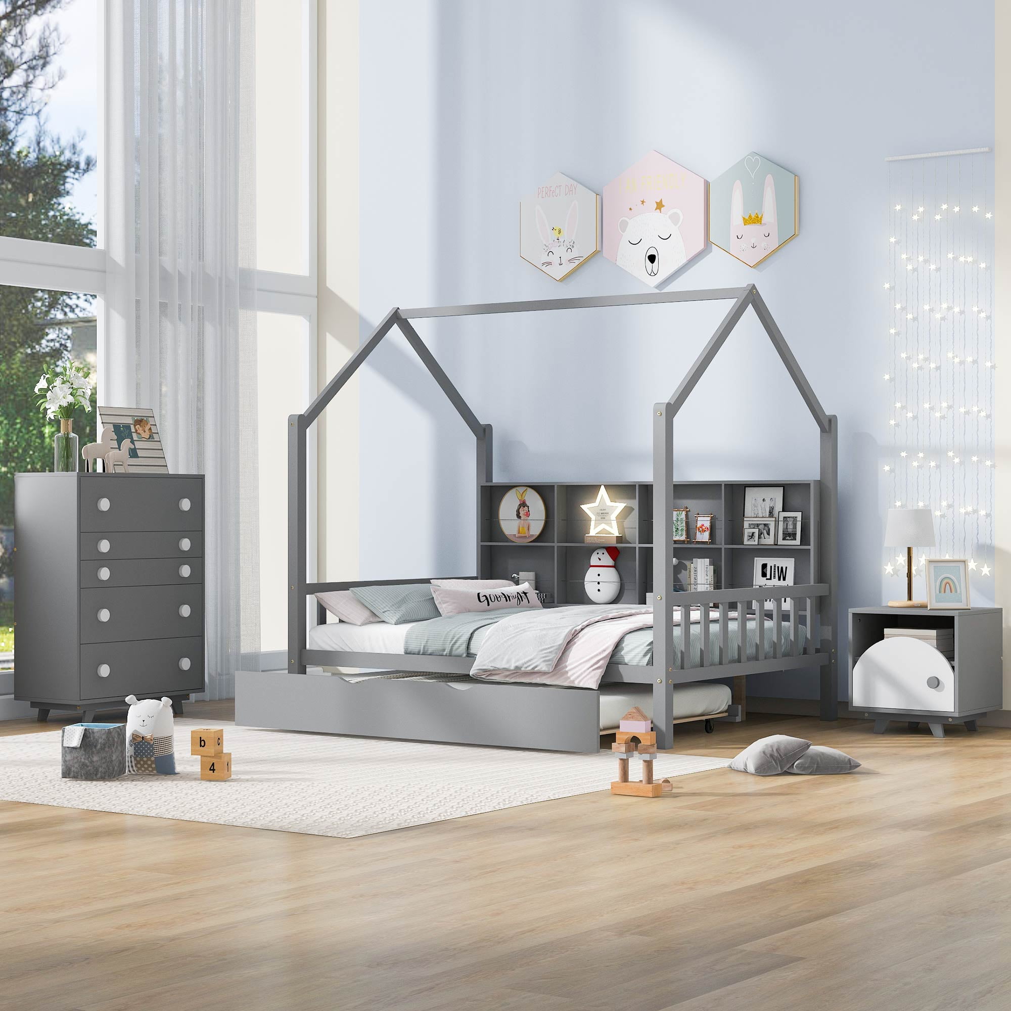 3Piece Bedroom Furniture Set,Full Size House Bed Frame with Trundle